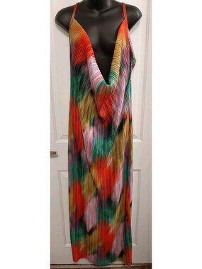 PrettyLittleThing Sz 18 Mulitcolor Abstract Print Plisse Strappy Maxi Dress NWT